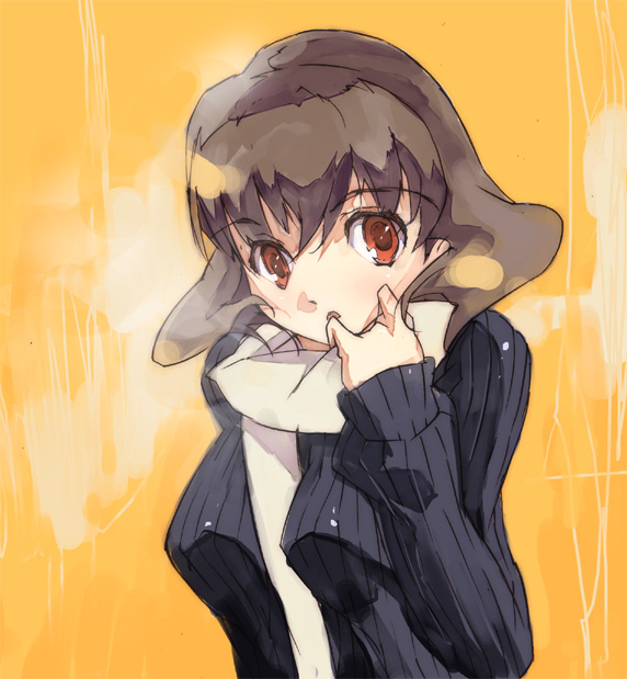 1girl :o breath brown_hair eyebrows eyebrows_visible_through_hair jacket kitano_yuusuke looking_at_viewer open_clothes open_jacket open_mouth original red_eyes scarf short_hair simple_background sketch solo upper_body uppercut yellow_background
