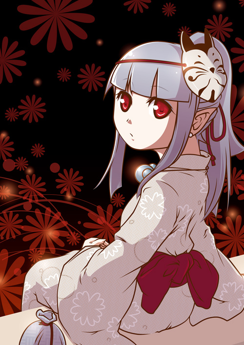 1girl cpu_(hexivision) fox_mask japanese_clothes kimono mask red_eyes solo