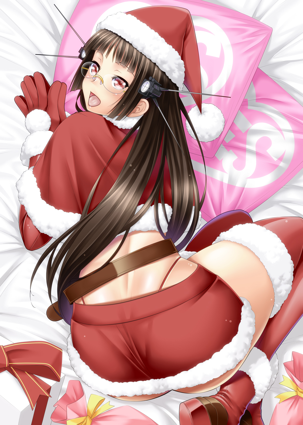 1girl :d alternate_costume ayato black_hair blush boots box capelet choukai_(kantai_collection) elbow_gloves from_behind fur_trim gift gift_box glasses gloves hat headgear highleg highleg_panties highres hime_cut kantai_collection long_hair looking_at_viewer looking_up open_mouth panties red_boots red_eyes red_gloves red_legwear red_panties red_skirt rimless_glasses santa_costume santa_hat skirt smile solo thigh-highs tongue tongue_out underwear yes-no_pillow