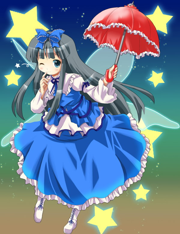 1girl dress eastern_and_little_nature_deity female full_body gradient gradient_background michii_yuuki solo star_sapphire touhou umbrella