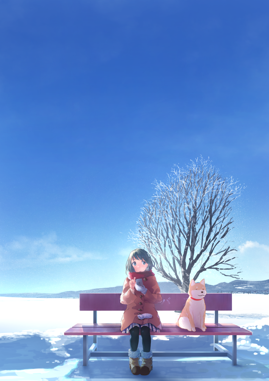 1girl bare_tree bench black_hair black_legwear boots cellphone clouds coat cold commentary dog field gloves highres hill horizon iphone looking_to_the_side original pantyhose phone pigeon-toed plaid plaid_skirt scarf scenery short_hair sitting skirt sky smartphone snow solo tabata_mihira tree winter winter_clothes