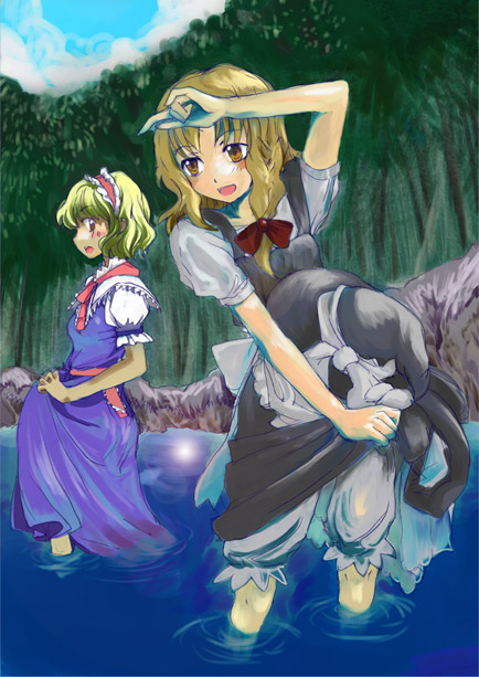 2girls :d alice_margatroid apron bangs black_hat black_skirt black_vest blonde_hair bloomers blue_dress blush bow braid brown_eyes capelet dress female forest glowing hair_bow hairband hat hat_bow hat_removed hat_ribbon headwear_removed kirisame_marisa long_hair multiple_girls nanami_sano nature no_hat no_headwear open_mouth orange_eyes outdoors profile puffy_short_sleeves puffy_sleeves red_bow ribbon river sash shading_eyes shirt short_hair short_sleeves single_braid skirt skirt_hold sky smile standing touhou tree underwear vest wading waist_apron water white_apron white_bow white_ribbon white_shirt witch_hat
