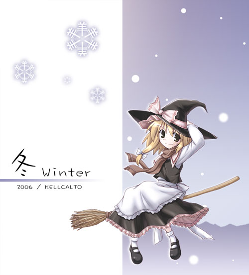 1girl blonde_hair broom broom_riding brown_eyes female hand_on_headwear hat kirisame_marisa perfect_cherry_blossom sidesaddle snow snowflakes snowing solo touhou tsukishiro_chigiri witch witch_hat