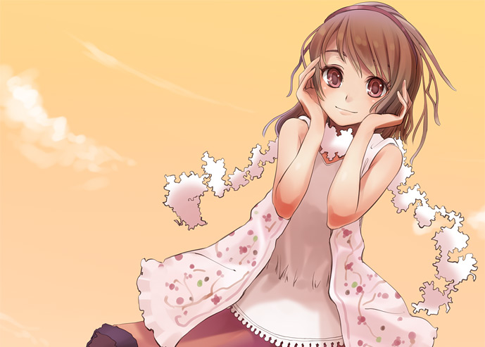 1girl brown_eyes brown_hair dutch_angle looking_at_viewer orange_sky original pom_pom_(clothes) red_skirt scarf shirt short_hair skirt sky solo sunset toshiya white_shirt