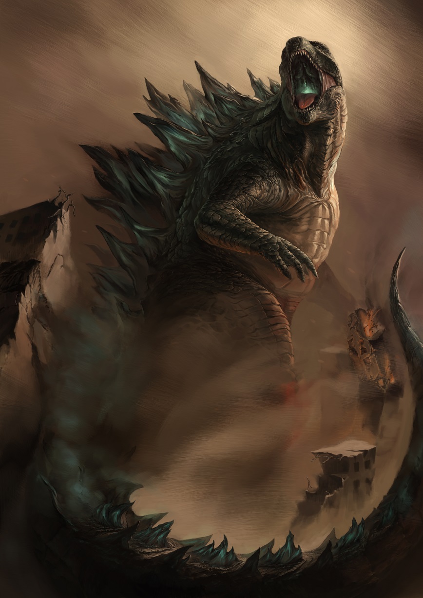 building debris godzilla godzilla_(2014) godzilla_(series) highres kaijuu no_humans open_mouth scales solo spikes tabechan tongue