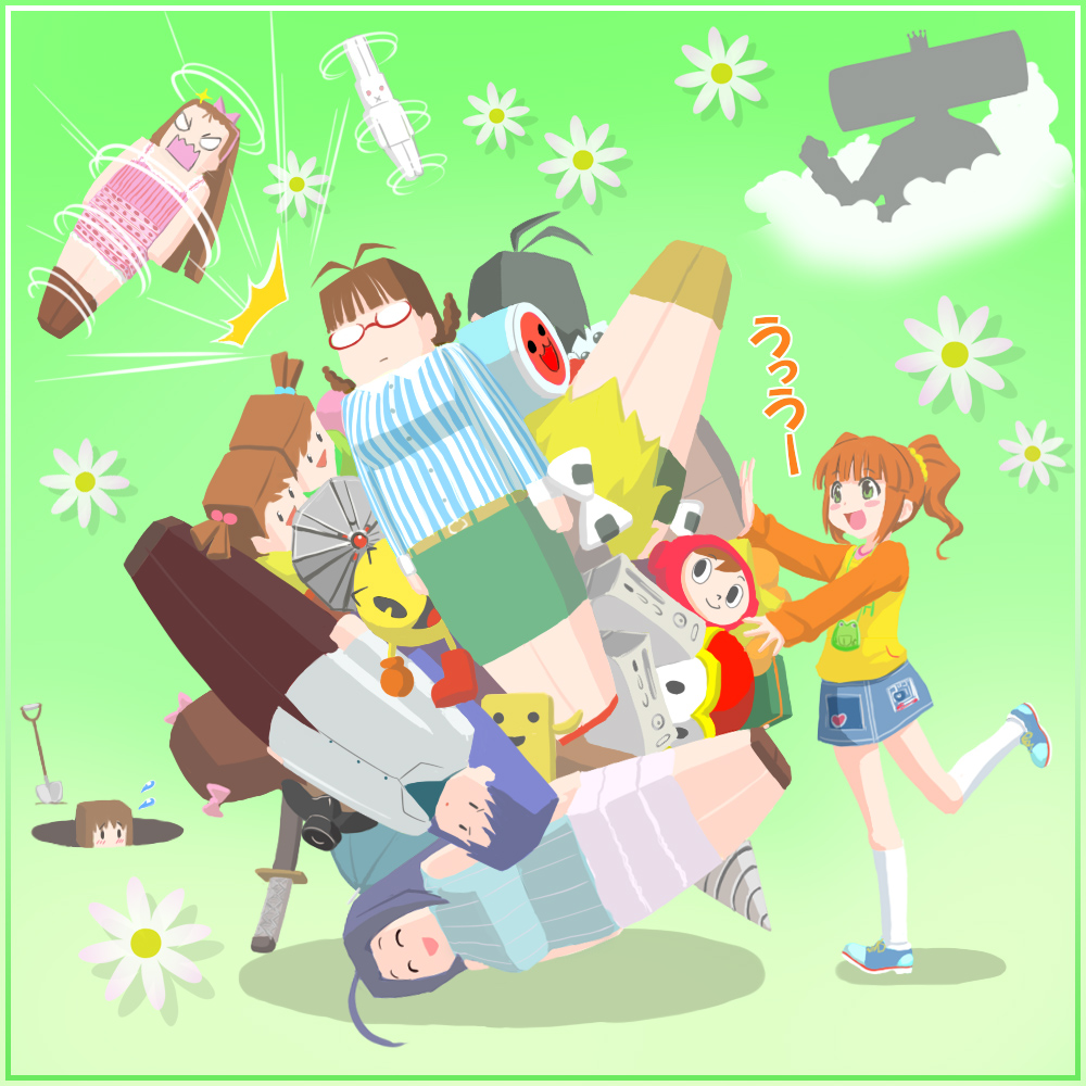 3d 6+girls ahoge akizuki_ritsuko amami_haruka antenna_hair company_connection dig_dug dig_dug_(game) drill flower food futami_ami futami_mami hagiwara_yukiho hori_susumu hoshii_miki idolmaster katamari katamari_damacy katana kikuchi_makoto king_of_all_cosmos kisaragi_chihaya minase_iori miura_azusa mojipittan mr._driller multiple_girls namco onigiri pac-man pac-man_(game) parody pooka raglan_sleeves shovel susumu_hori sword taiko_no_tatsujin takatsuki_yayoi twintails wada_don weapon worktool xbox_360 xevious zanzi