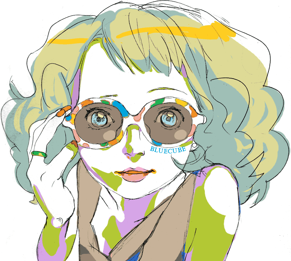 1girl 70s blonde_hair blue_eyes character_request glasses limited_palette looking_at_viewer nasou ninton oldschool original short_hair simple_background sketch solo sunglasses upper_body white_background