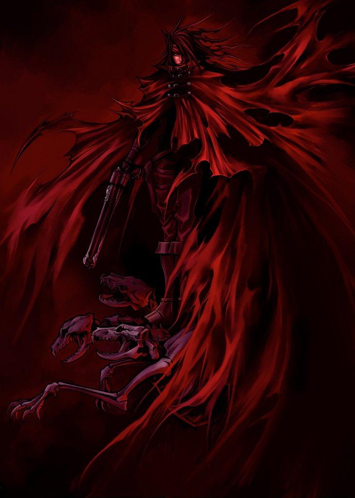 1boy dirge_of_cerberus_final_fantasy_vii epic final_fantasy final_fantasy_vii gun jpeg_artifacts male_focus nomura_tetsuya official_art red red_background skeleton solo vincent_valentine weapon