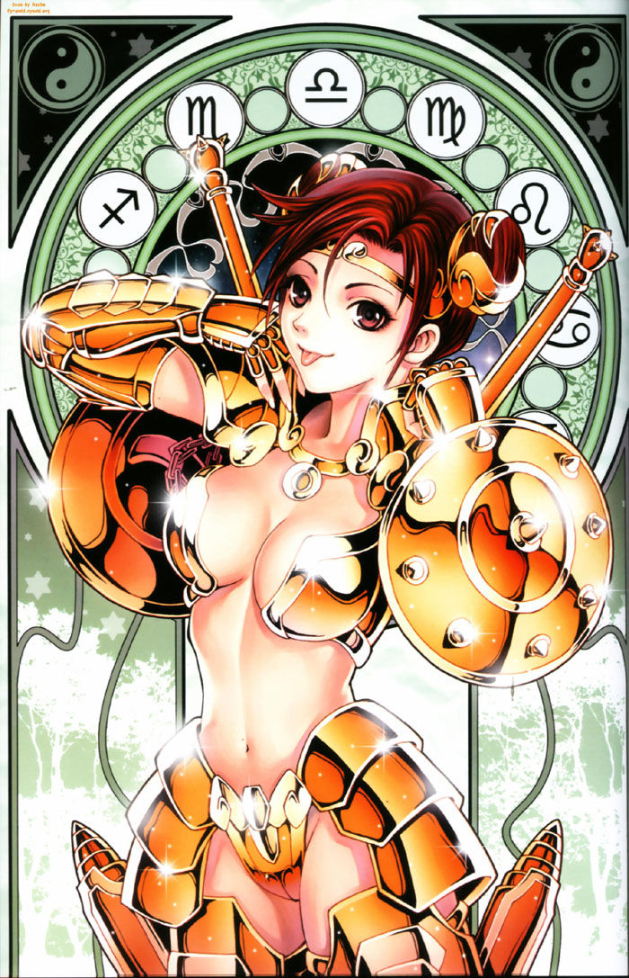 1girl :p armor bikini_armor breasts brown_hair cleavage double_bun female future_studio_(artist) genderswap genderswap_(mtf) libra_dohko medium_breasts midriff mu_fengchun pink_eyes saint_seiya shield shiny solo tongue tongue_out watermark yin_yang zodiac