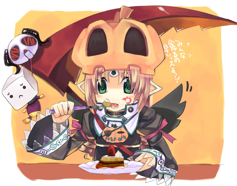 1girl cake eating food food_as_clothes halloween jack-o'-lantern kabocha md5_mismatch original pastry pumpkin pumpkin_hat scythe solo strawberry_shortcake third_eye