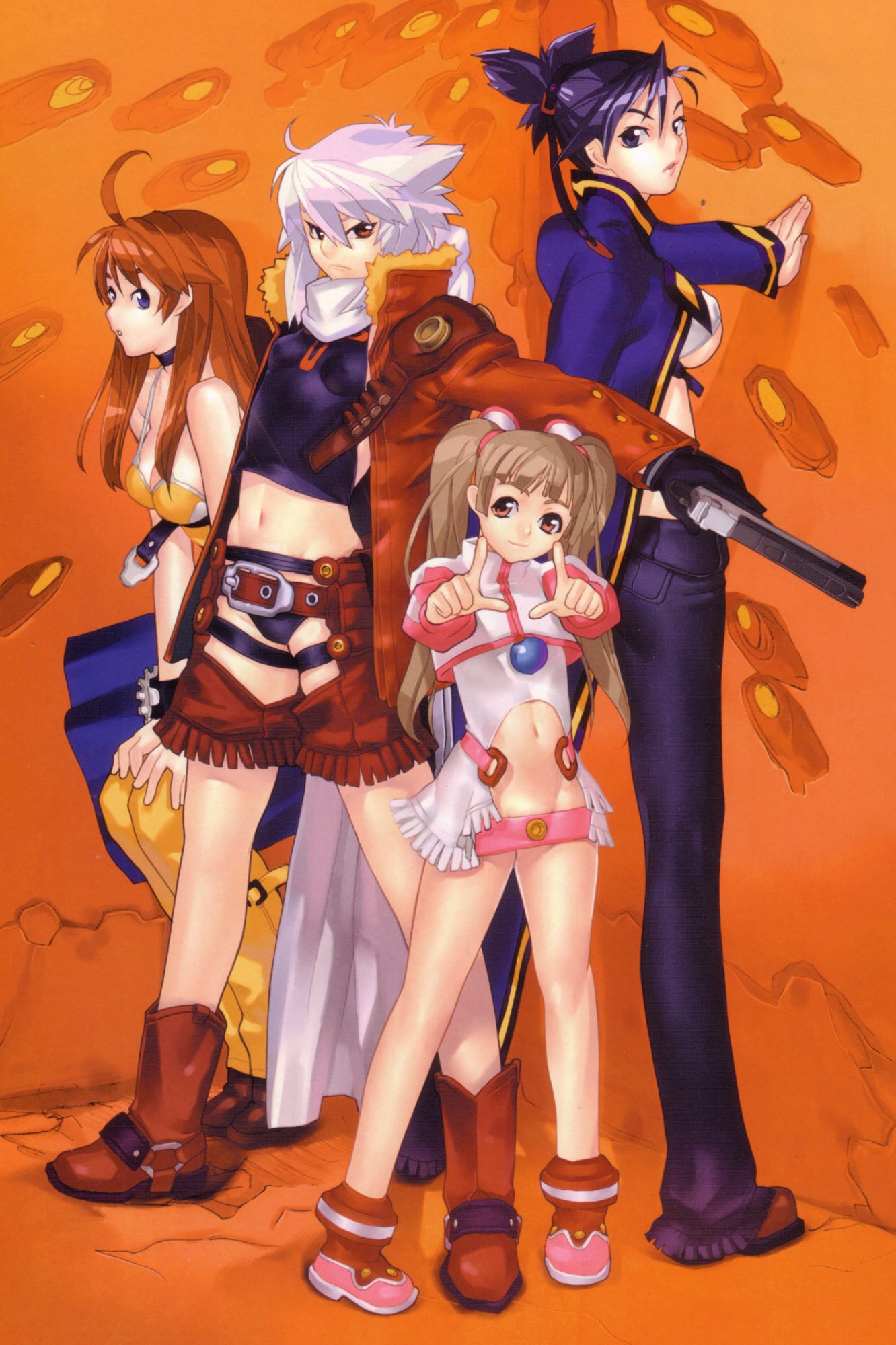 00s 4girls amy amy_(bakuretsu_tenshi) bakuretsu_tenshi black_hair blue_eyes blush boots brown_boots brown_eyes brown_hair fringe full_body hakua_ugetsu highres jo jo_(bakuretsu_tenshi) knee_boots meg meg_(bakuretsu_tenshi) multiple_girls orange_background ponytail scan sei sei_(bakuretsu_tenshi) sheath sheathed short_hair silver_hair simple_background standing sword weapon