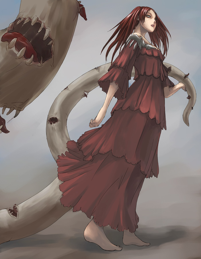 1girl arm_at_side bare_shoulders barefoot claymore dress dripping from_below full_body grey_eyes holding layered_dress luciela off_shoulder parted_lips red_dress red_lips redhead saliva sharp_teeth solo tea_(nakenashi) teeth tentacle tongue twintails walking