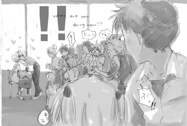 !! !!? 6+boys 6+girls ? aida_kensuke ayanami_rei back bent_over blush braid briefcase chair classroom couple covering_mouth crowd desk full-face_blush glasses hand_on_another's_face hand_to_own_mouth heart hetero ikari_shinji kiss kneeling looking_at_another lrk monochrome multiple_boys multiple_girls nagisa_kaworu neon_genesis_evangelion opaque_glasses pants school_desk school_uniform shirt short_hair sitting sitting_on_chair skirt socks souryuu_asuka_langley speech_bubble standing surprised sweatdrop twin_braids twintails two_side_up