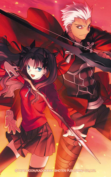 1boy 1girl archer black_hair bow_(weapon) fate/stay_night fate_(series) height_difference sword takeuchi_takashi tall thigh-highs tohsaka_rin turtleneck twintails two_side_up type-moon weapon white_hair zettai_ryouiki