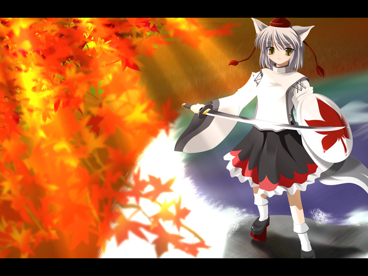 1girl autumn_leaves female geta hat inubashiri_momiji leaf side_b solo sword tengu-geta tokin_hat touhou weapon