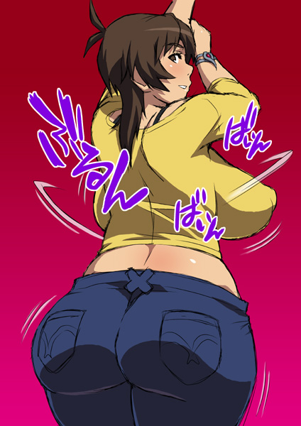 1girl amaha_masane ass backboob blush breasts brown_eyes brown_hair denim from_behind huge_ass huge_breasts impossible_clothes impossible_shirt jeans looking_back pants shirt solo tetrodotoxin witchblade