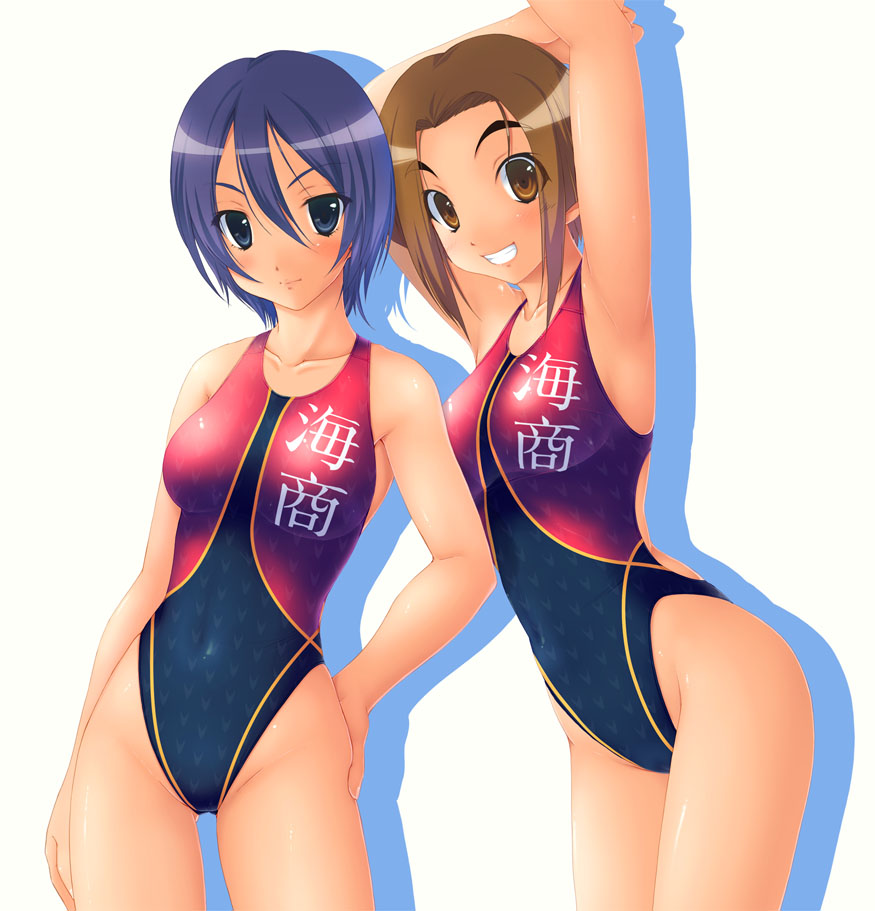 2girls arm_grab armpits arms_up ass ass_grab back bangs bare_arms bare_back bare_shoulders blue_eyes blue_hair blush brown_eyes brown_hair clothed_navel clothes_writing collarbone competition_swimsuit covered_navel eyebrows grin groin hand_on_thigh highleg highleg_swimsuit ishii_akira kenkou_zenrakei_suieibu_umishou kise_sanae leaning_forward looking_at_viewer mound_of_venus multiple_girls naughty_face navel one-piece_swimsuit orizuka_momoko self_fondle shiny shiny_clothes shiny_skin short_hair simple_background skin_tight smile standing swimsuit teeth thighs translated