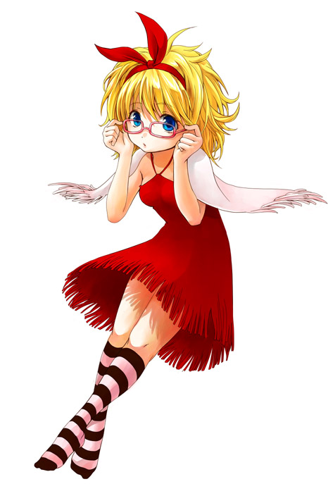 1girl adjusting_glasses blonde_hair blue_eyes dress fringe full_body glasses hairband halterneck irieria kneehighs looking_at_viewer red-framed_glasses red_dress scarf simple_background solo striped striped_legwear thigh-highs white_background