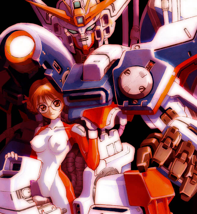 1girl 90s breasts erect_nipples glasses gundam gundam_wing lady_une mecha mecha_musume medium_breasts pilot_suit power_armor wing_gundam_zero