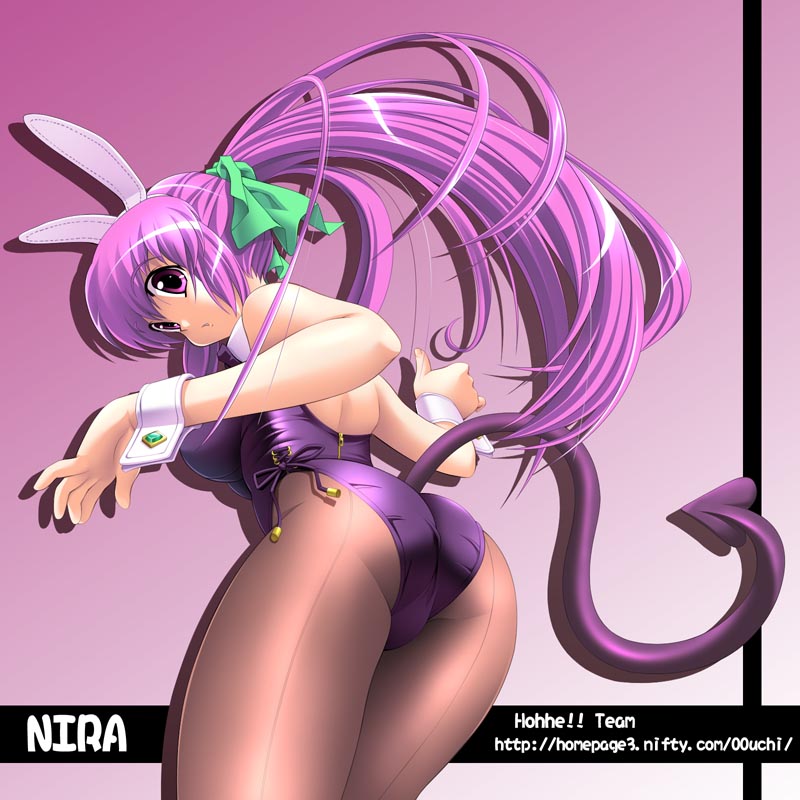 1girl :o animal_ears ass back back-seamed_legwear bow bowtie bunnysuit colored demon_girl demon_tail dress fake_animal_ears from_behind hair_ribbon hairband inu leaning_forward long_hair looking_back nira_(character) oouchi_takadou open_mouth original pantyhose ponytail purple_hair r-gray rabbit_ears ribbon seamed_legwear shadow shiny shiny_clothes solo tail very_long_hair violet_eyes wrist_cuffs
