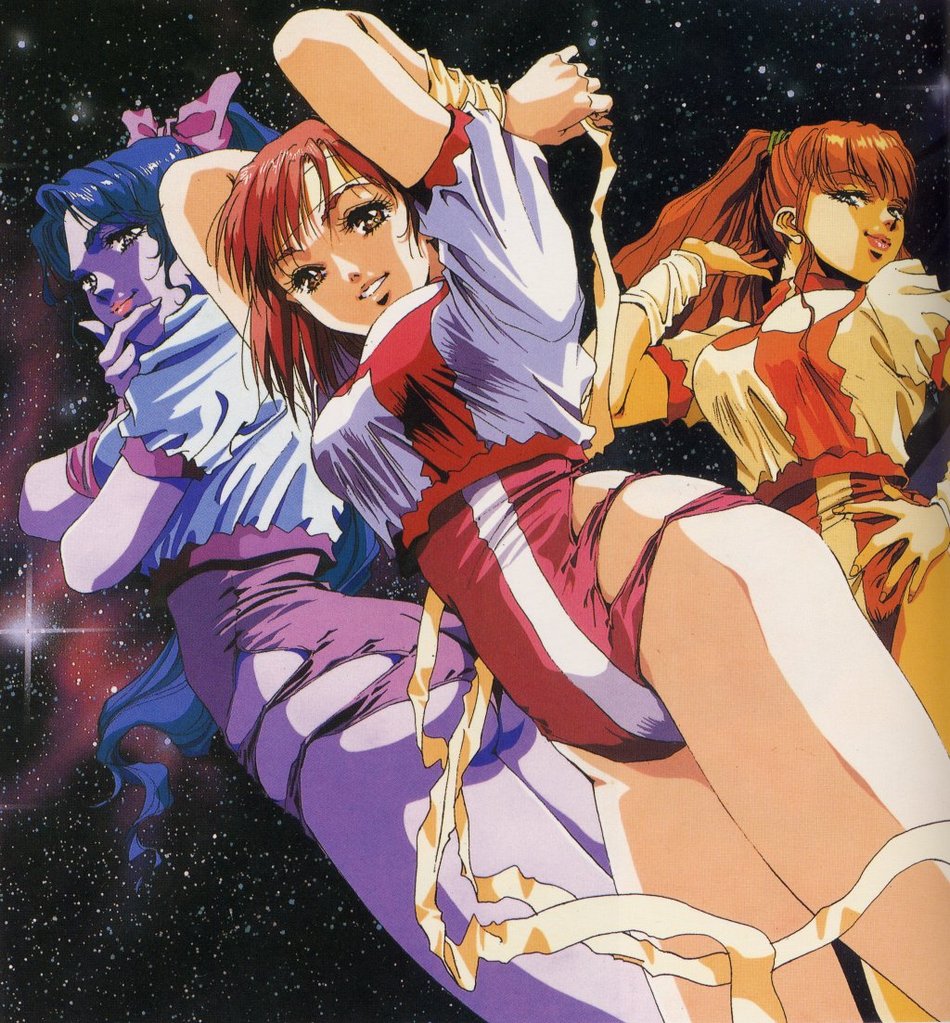 3girls 80s amano_kazumi arms_behind_back arms_up artbook ass bodysuit bow breasts covering_mouth hair_bow hand_over_mouth hand_over_own_mouth headband jung_freud legs leotard mikimoto_haruhiko multiple_girls oldschool space swimsuit swimsuit_under_clothes takaya_noriko thighs top_wo_nerae!