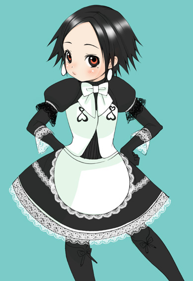 1girl apron armband black_gloves black_hair black_legwear blush boots bow bowtie capcom dress earrings elbow_gloves embarrassed flat_chest gloves gothic gothic_lolita hands_on_hips helper_(armor) inuburo jewelry knee_boots lace lolita_fashion looking_at_viewer maid maid_apron mole monster_hunter pantyhose private_(armor) red_eyes short_hair simple_background solo standing waist_apron