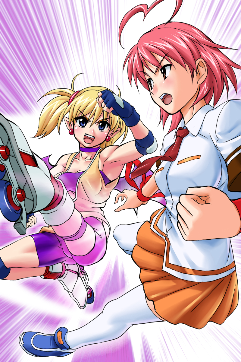 2girls ahoge aino_heart aq_interactive arcana_heart atlus bat_wings battle blonde_hair blue_eyes demon_girl earrings elbow_pads examu fingerless_gloves g-tetsu gloves heart_ahoge highres inline_skates jewelry lilica_felchenerow multiple_girls necktie orange_skirt pink_hair pointy_ears ribbon roller_skates school_uniform skates skirt thigh-highs twintails wings wrist_ribbon