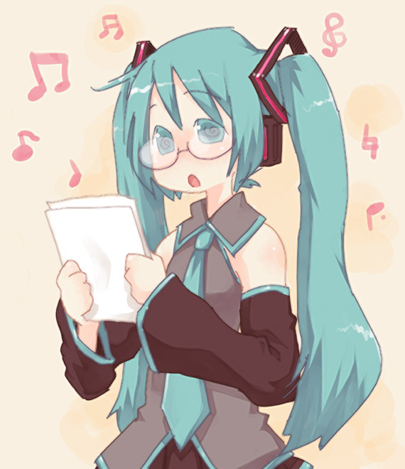 1girl @_@ beamed_quavers bespectacled blue_eyes blue_hair detached_sleeves glasses hatsune_miku hinata_(artist) long_hair magamoto musical_note necktie notes quaver solo treble_clef twintails vocaloid