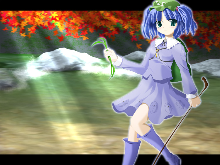 1girl autumn blue_dress blue_eyes blue_hair dress female holding kawashiro_nitori letterboxed light_rays long_sleeves looking_at_viewer outdoors pocket short_hair side_b solo stick thigh-highs touhou two_side_up zettai_ryouiki