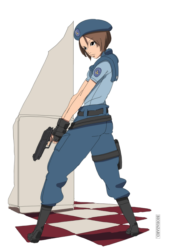 1girl capcom checkered checkered_floor floor gun hat jill_valentine perspective resident_evil solo weapon yupii