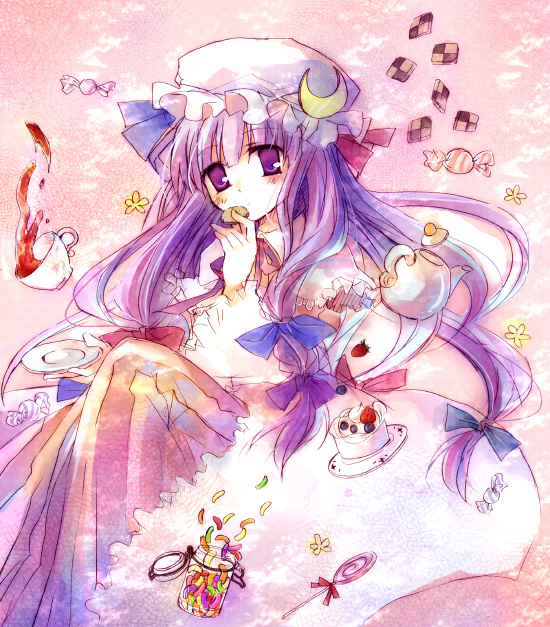 1girl cake candy cookie female food hat jelly_bean patchouli_knowledge purple_hair ribbon solo suzushiro_kurumi tea touhou violet_eyes