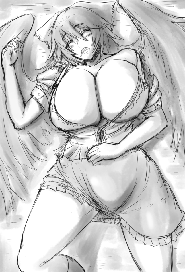 1girl breasts cleavage drooling female gradient gradient_background hanemikakko huge_breasts large_wings long_hair monochrome open_clothes open_mouth open_shirt shirt skirt sleeping solo touhou white_background