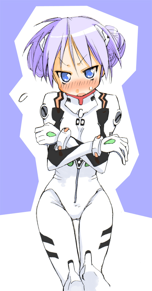 &gt;:o 1girl :o alternate_hairstyle angry ayanami_rei ayanami_rei_(cosplay) bangs blue_eyes blush bodysuit bracer breasts cosplay cowboy_shot crossed_arms double_bun embarrassed flying_sweatdrops gloves hair_ornament hair_up hiiragi_kagami looking_at_viewer lucky_star mikami_komata mikami_konu neon_genesis_evangelion nose_blush number open_mouth outline parody parted_bangs pilot_suit plugsuit plugsuit_(cosplay) purple_background purple_hair short_hair simple_background skinny small_breasts solo standing sweatdrop thigh_gap tsurime turtleneck
