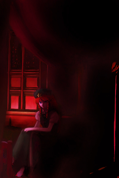 1girl beret braid china_dress chinese_clothes curtains dark dress female full_body green_dress hat hong_meiling indoors long_hair oisin red_eyes redhead room sitting solo star the_embodiment_of_scarlet_devil touhou twin_braids very_long_hair