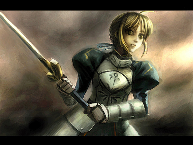 armor blonde_hair fate/stay_night fate_(series) letterboxed oisin saber sword weapon yellow_eyes
