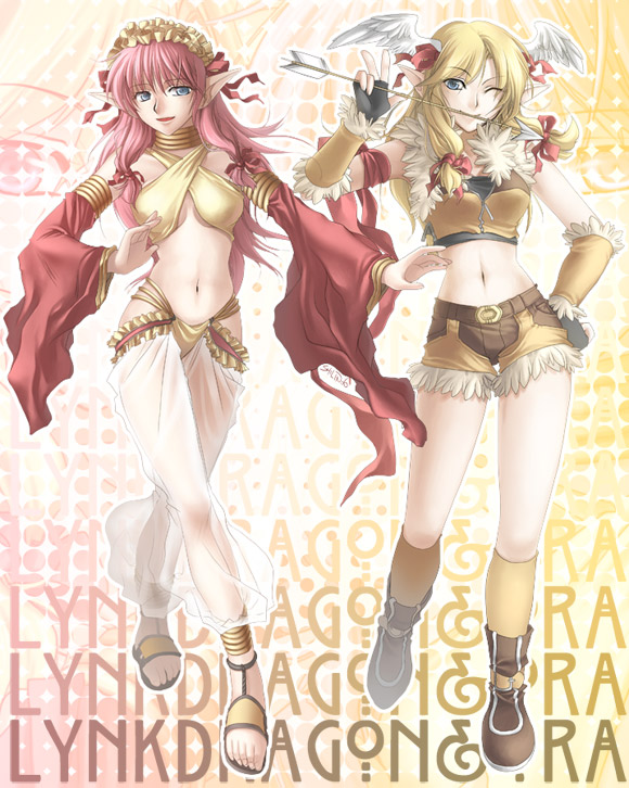 2girls arrow blonde_hair dancer elf feet gypsy gypsy_(ragnarok_online) harem_pants head_wings jewelry lots_of_jewelry mouth_hold multiple_girls navel neck_ring pants pink_hair pointy_ears ragnarok_online sandals shilin shorts sniper_(ragnarok_online) toes wings zoom_layer