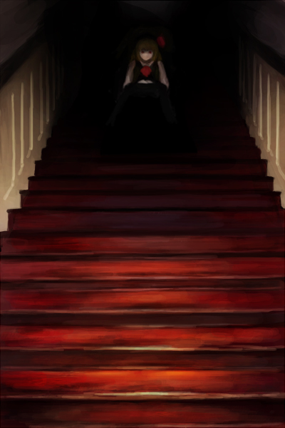 1girl blonde_hair creepy darkness female hair_ribbon necktie oisin red_eyes ribbon rumia short_hair solo stairs the_embodiment_of_scarlet_devil touhou youkai