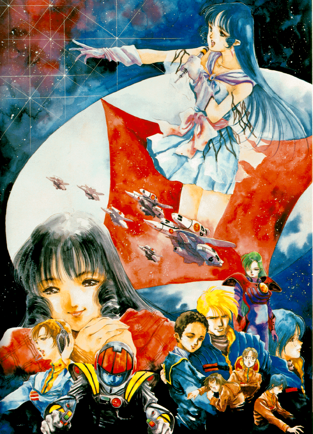 3boys 6+girls 80s choujikuu_yousai_macross claudia_lasalle hayase_misa helmet highres ichijou_hikaru kakizaki_hayao kim_kabirov kim_kamirov lips lynn_minmay macross macross:_do_you_remember_love? maximilian_jenius mecha meltrandi mikimoto_haruhiko millia_jenius multiple_boys multiple_girls official_art oldschool roy_focker roy_fokker shammy_milliome space spacesuit vanessa_laird vf-1 vf-1_super zentradi