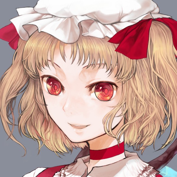 1girl blonde_hair choker close-up face female flandre_scarlet hat open_mouth ponytail red_eyes short_hair side_ponytail solo teeth touhou xero