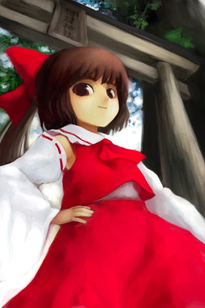 1girl arch brown_eyes brown_hair closed_mouth detached_sleeves dress female from_below hakurei_reimu hands_on_hips long_sleeves looking_at_viewer looking_down oisin outdoors perfect_cherry_blossom plant red_dress short_hair smile solo torii touhou tree wide_sleeves