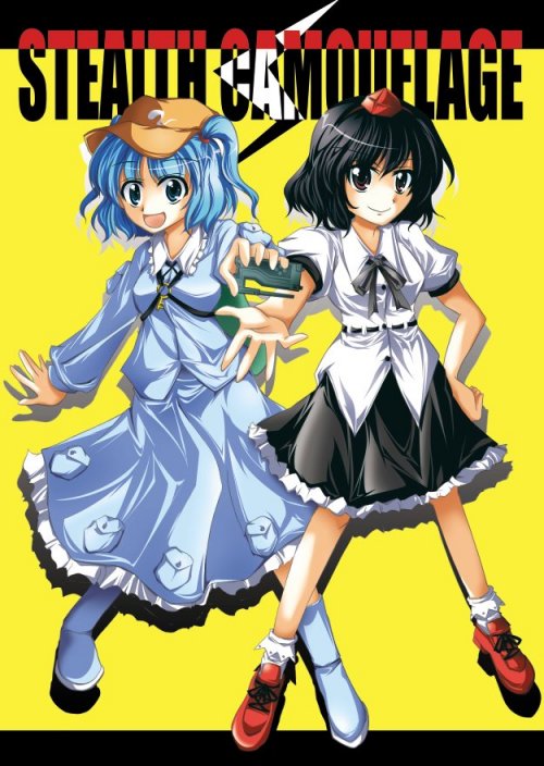 2girls :d backpack bag belt black_hair black_skirt blue_dress blue_eyes blue_hair collar dress female flat_cap geta hat kawashiro_nitori key kurinton long_sleeves metal_gear_(series) metal_gear_solid multiple_girls open_mouth puffy_short_sleeves puffy_sleeves red_eyes shameimaru_aya shirt short_sleeves simple_background skirt smile tengu-geta tokin_hat touhou two_side_up white_shirt yellow_background