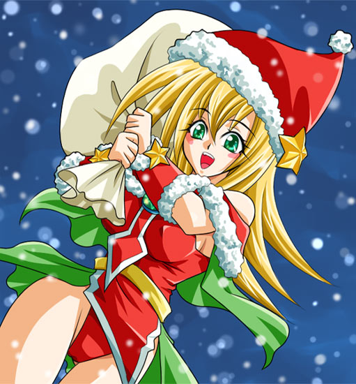 1girl blonde_hair chorogi christmas dark_magician_girl duel_monster green_eyes long_hair open_mouth panties pantyshot sack santa_costume snow snowing solo teeth underwear yu-gi-oh! yuu-gi-ou_duel_monsters