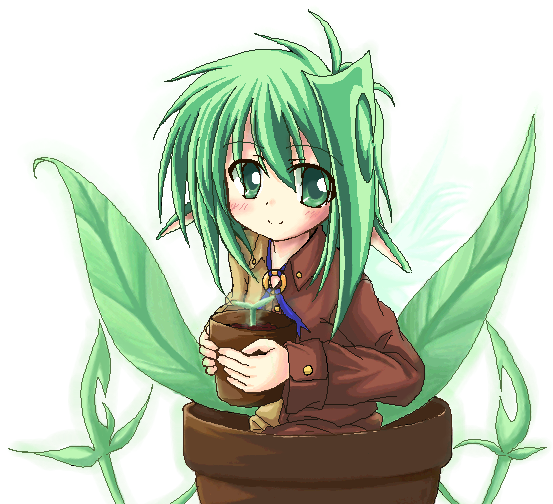 1girl brown_jacket flower_pot green_eyes green_hair holding leaf long_sleeves looking_at_viewer makino_(ukiuo) oekaki original plant plant_girl potted_plant simple_background solo white_background