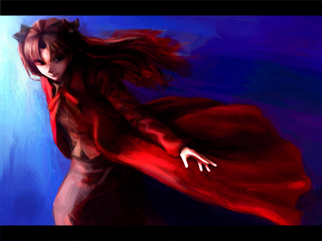 1girl belt black_skirt blue_eyes brown_hair cape cowboy_shot dark fate/stay_night fate_(series) gradient gradient_background letterboxed long_sleeves looking_at_viewer oisin simple_background skirt solo tohsaka_rin twintails two_side_up