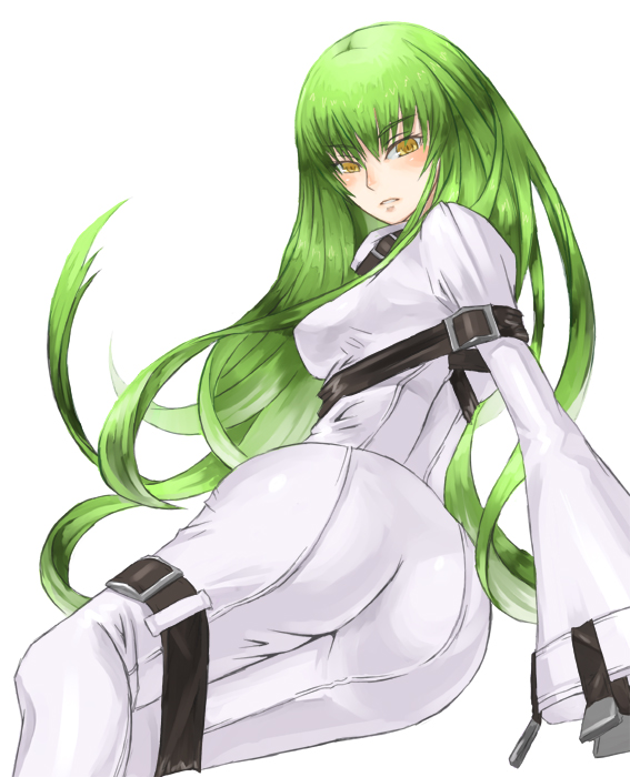 1girl 4hands ass blush c.c. code_geass female green_hair long_hair looking_back simple_background solo strap yellow_eyes
