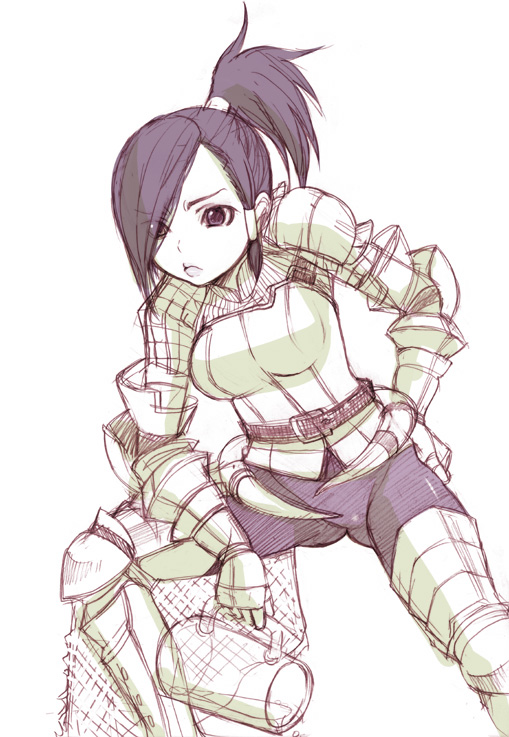 1girl armor armored_boots ass ass_grab belt boots breasts buckle capcom gauntlets hair_over_one_eye inuburo large_breasts leaning_forward monochrome monster_hunter ponytail short_hair shoulder_pads simple_background solo spread_legs standing thigh-highs thigh_boots white_background