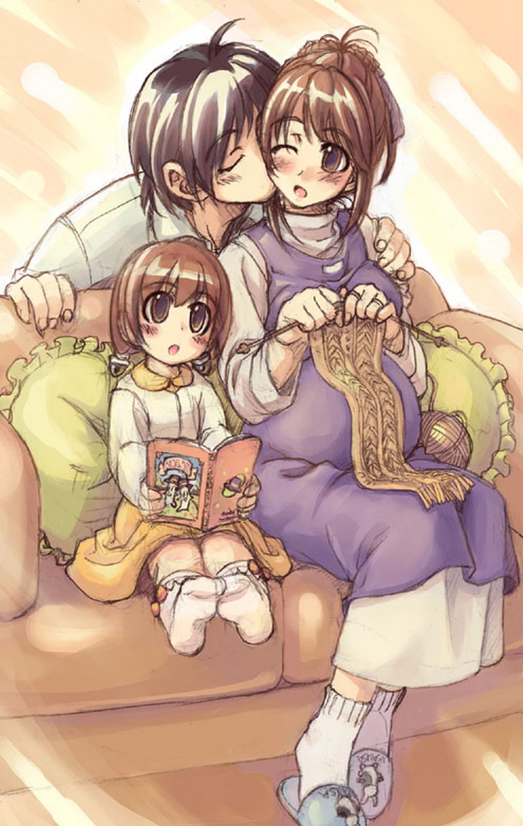 1boy 2girls age_difference black_hair blush book brown_eyes brown_hair child couch cushion family father_and_daughter feet footwear hand_on_shoulder husband_and_wife kiss knitting mother_and_daughter multiple_girls pregnant resizing_artifacts romance sandals size_difference socks xration
