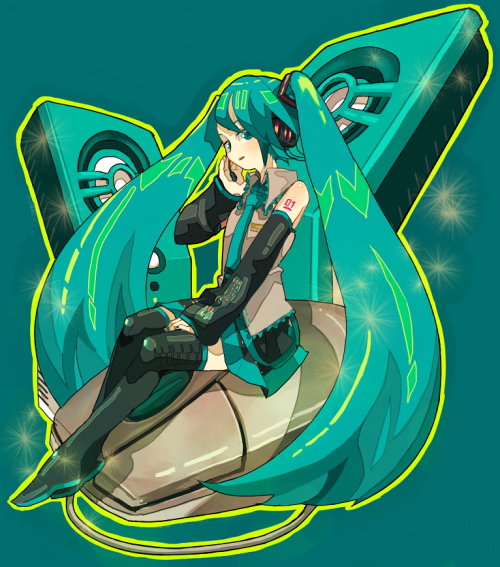 1girl aqua_hair computer_mouse detached_sleeves hal_(artist) haruo_(clownberry) hatsune_miku long_hair skirt solo thigh-highs twintails very_long_hair vocaloid