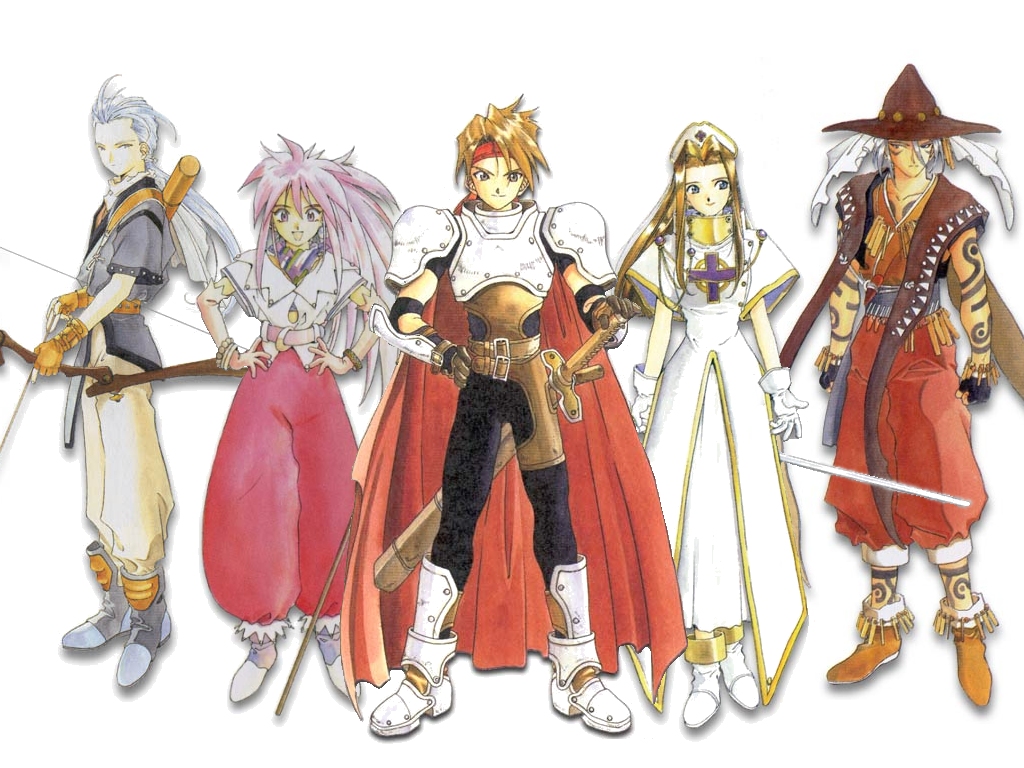 2girls 3boys 90s arche_klein boots chester_barklight cless_alvein fujishima_kousuke klarth_lester knee_boots mint_adenade multiple_boys multiple_girls official_art tales_of_(series) tales_of_phantasia