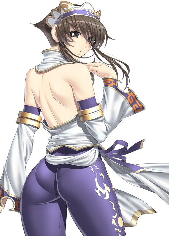 1girl ass back bare_shoulders brown_eyes brown_hair chai_xianghua crown detached_sleeves from_behind huge_ass kansuke looking_back pantylines pout skin_tight solo soul_calibur soulcalibur soulcalibur_ii standing wind